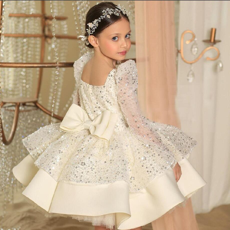 New shiny tulle flower girl dress long sleeve prom party pageant birthday gown