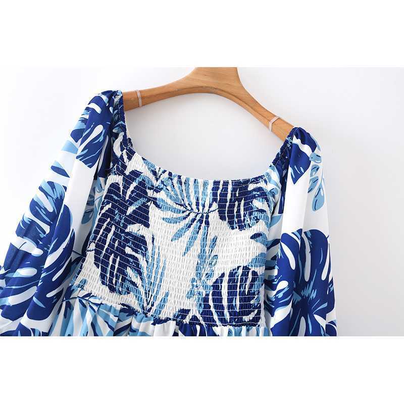 Summer Women Vintage Printed Dress Fashion Off Shoulder Sleeves Smocked Midi Boho Dresses Woman Robe 210709