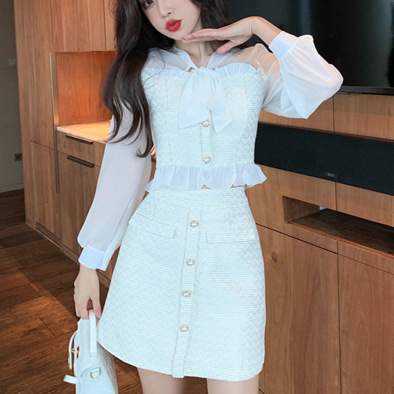Two Piece Robe 2021 Spring Automne Sweet Coréen Élégant Ensemble Femmes Bow Tweed Patchwork Shirt Chemis de Chemisier en mousseline de soie TOP +