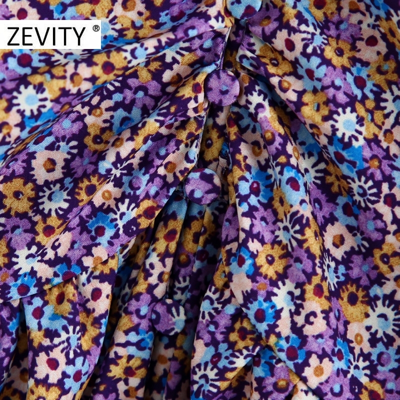 ZEVIT New Women Vintage Pleats Puff Sleeve Floral Print elastic waist mini dress Ladies Deep V Neck padded casual Dresses DS4249 210309