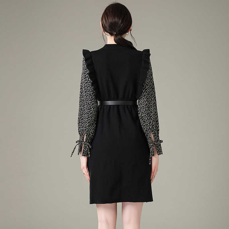 Autumn Women Ruffles Knitted Patchwork Corduroy Long Sleeve Dress Elegant Slim Ladies Party Dresses Vestidos With Belt 210525