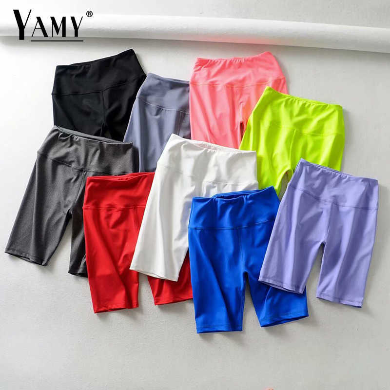 Summer neon green high waist shorts women stretchy elastic sweat pink white black biker shorts red vintage ladies short feminino 210611