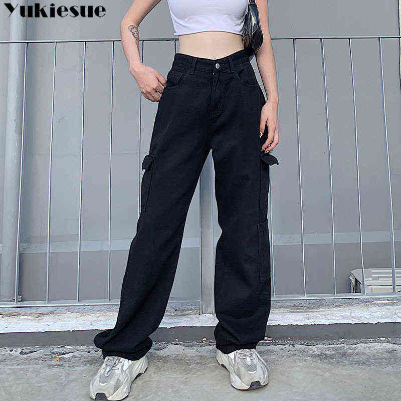Fashion Loose Jeans Casual Work Pants women Hip Hop woman Cotton Trousers Big Pocket Clothes Blue/black/white 211129