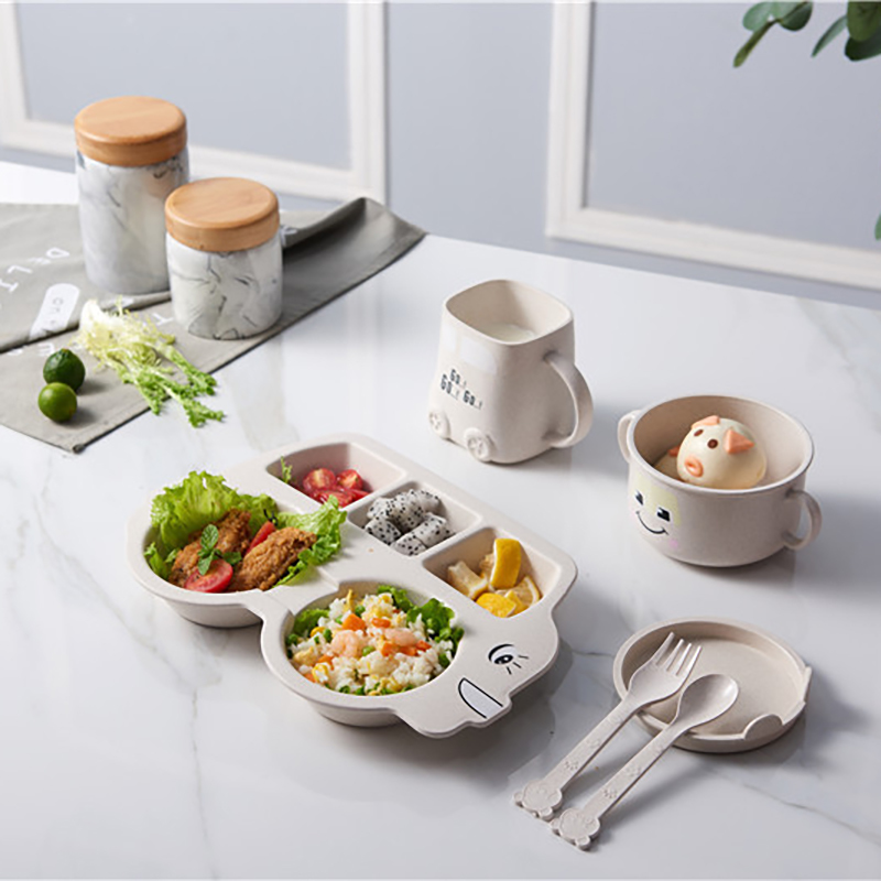 6pcs/set Baby Bamboo Fiber Dishes Creative Car Shape Plate Divided Children Tableware Kid Food Plate Baby Learning Dishes Cup 210226
