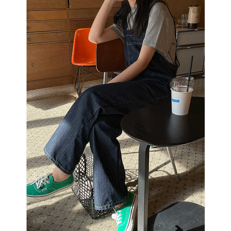 Vintage Wide Leg Loose Soft Silm Denim Pants Women Fashion Simple All-match Overalls Elegant Temperament Strap Bottoms 210525