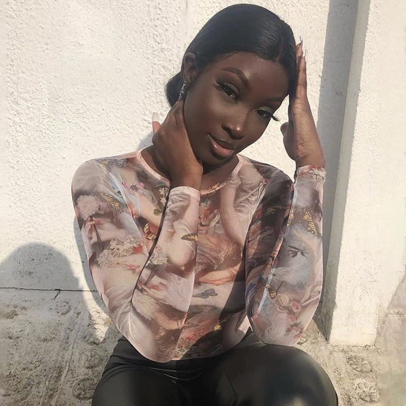 Cryptographic Fall Long Sleeve Sexy Bodysuits Party Club Tops Female Aesthetic Print High Waist Bodysuit Streetwear 201007