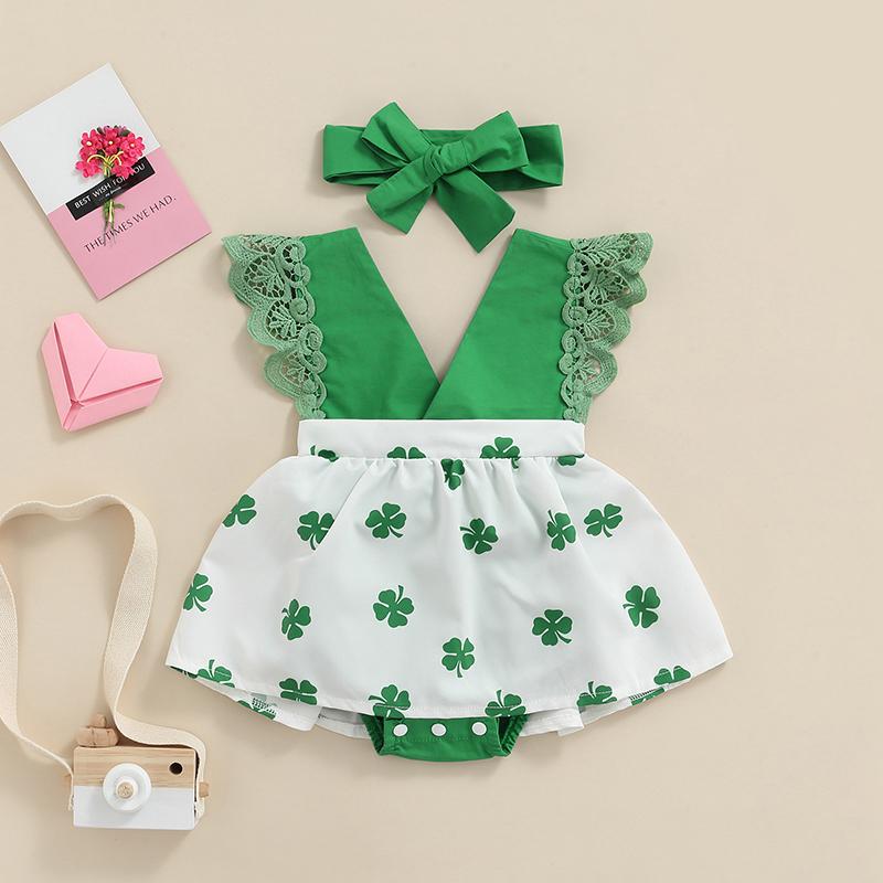 Clothing Sets Toddler Baby Girl Jumpsuit Short Sleeves V-Neck Button Green Clover Print Casual Kids Loose Bodysuit + Headband 0-18M, White 
Clothing Sets Toddler Baby Girl Jumpsuit Short Sleeves V-Neck Button Green Clover Print Casual Kids Loose Bodysuit + Headband 0-18M, White