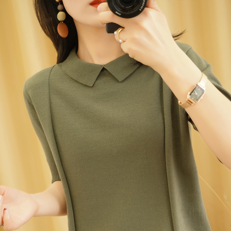 Summer New Short-sleeved Woman Doll Collar Pullover Vest Slim Fashion Knitted Bottoming T-Shirt Short Sleeve Large Size 210306