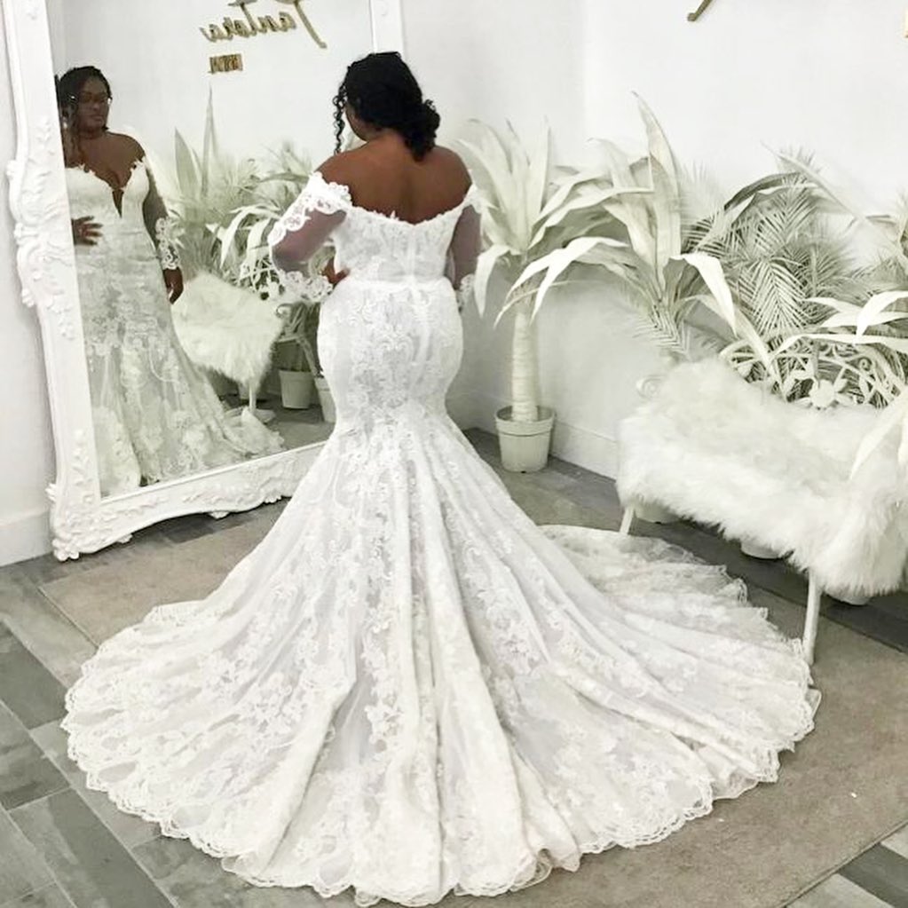 Plus Amazing Mermaid Size Lace Wedding Dresses Off The Shoulder Neck Bridal Gowns With Long Sleeves Sweep Train Robe De Marie