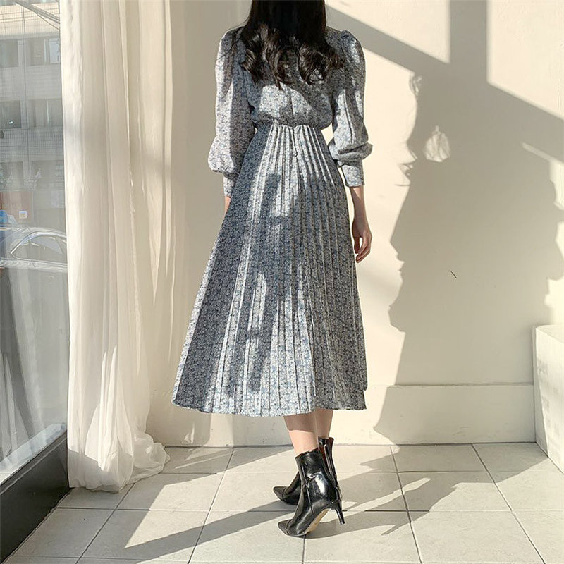 Alien Kitty Print Floral Pleated Slimming Women Dresses All-Match Hot Stylish V-Neck Brief Casual Loose Long Dress 3 Colors 210309