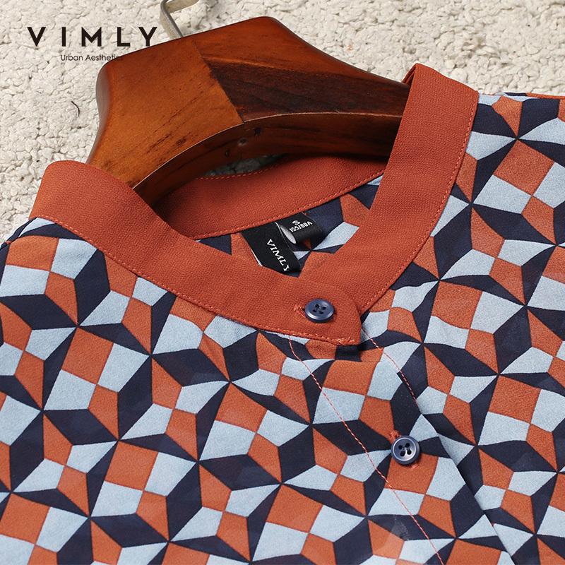 Vimly Women Blouse Spring Autumn Elegant V-neck Single Breasted Rhombus Print Shirt Tops Office Lady Blusas Femininas F1865 210225