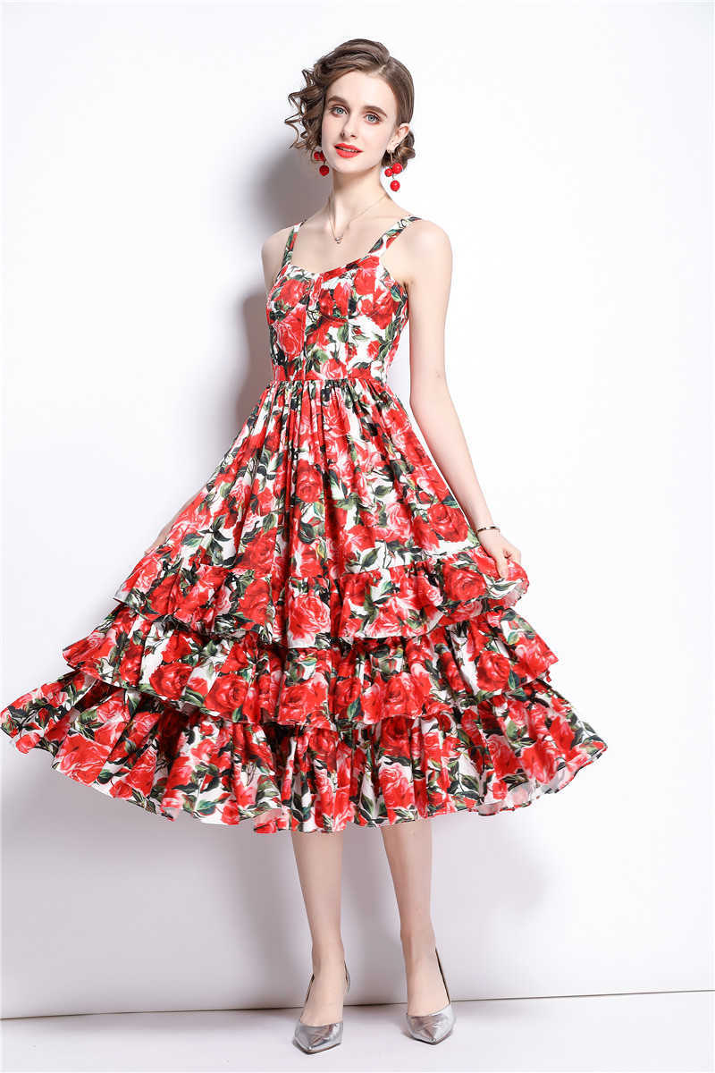 Women Summer Elegant Rose Print Sexy Wedding Party Robe Femme Vintage Red Condole belt Cake Dress Vestidos 210525
