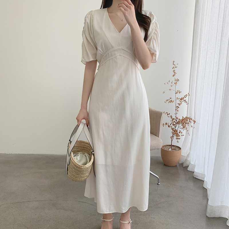 Korejpaa Women Dress Summer Korean Chic French Elegant V-Neck Tie Waist Slimming Solid Color Pleated Short-Sleeved Vestidos 210526