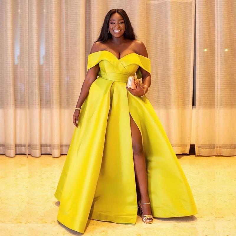 Sexy Dubai Arabic Yellow Satin Plus Size A Line Prom Party Dresses Draped Front High Split Off Shoulder Floor Length Formal Gowns Custom Made