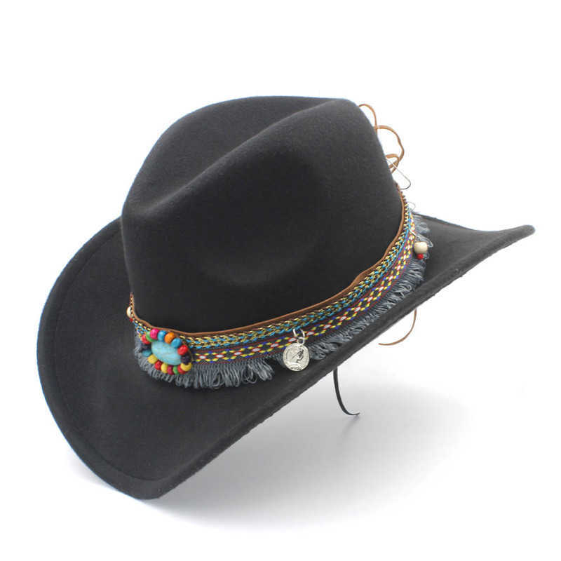 Child Wool Hollow Western Cowboy Hat with Tassel Belt Kids Girl Jazz Hat Cowgirl Sombrero Cap Size 52-54cm for 4-8 Years Q0805