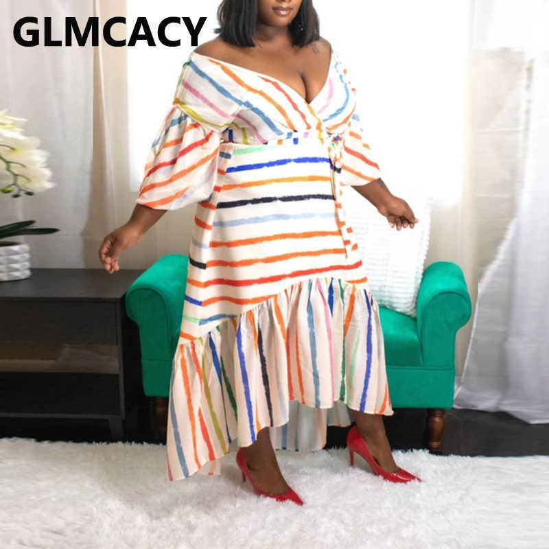 Women Puff Sleeve V Neck Striped Dress Elegant Evening Party Maxi Dress 210702