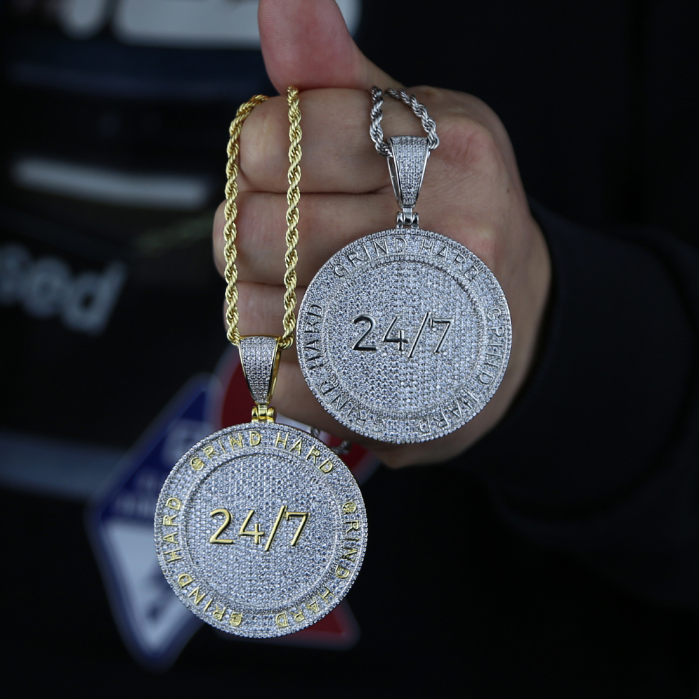 Drop ship hip hop penadnt Necklace with gold plated engraved Letter Grind Hard with Full Cubic zircon Paved Round Charm Punk styles Jewelry For Men Wo