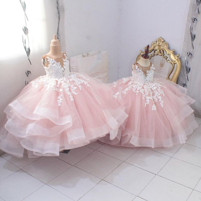 Pink Lace Flower Girl Dresses Sheer Neck Tiers Ball Gown Little Girl Wedding Dresses Cheap Communion Pageant Dresses Gowns ZJ737