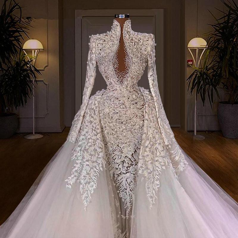Pearls Long Beading Sleeve Wedding Dresses High Collar Bridal Gown with Detachable Train Lace Appliques Vestidos De Noiva 322