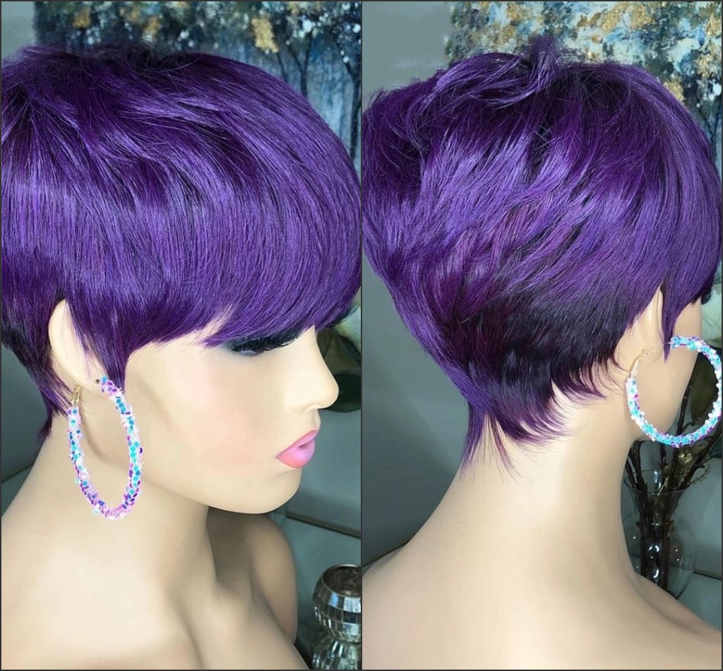 Short Bob Pixie Cut Human Hair Wig Full Machine Made Purple Color None Lace Front Wigs With Bangs For Women Cosplay Party