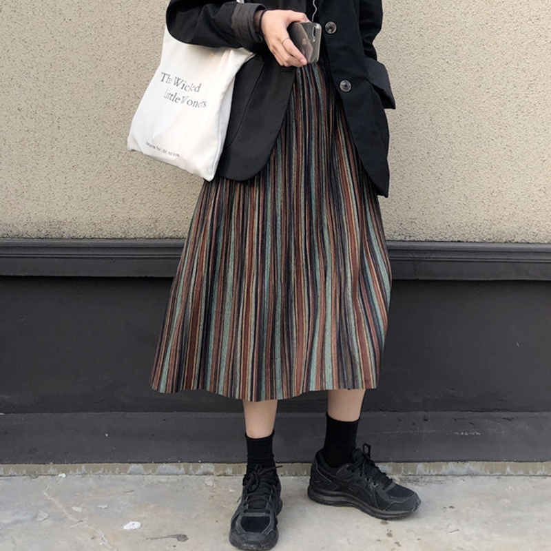 Vintage Plaid Pleated Long Skirts Winter Women Punk Rock Korean Woolen Skirt Streetwear Drawstring Elastic Waist Midi Skirt 210303