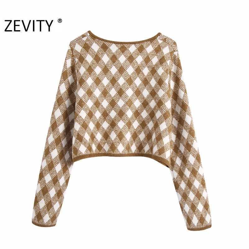 Zevity Women Fashion O Neck Geometric Print Short Knitting Sweater Lady Long Sleeve Breasted Chic Casual Cardigans Tops S455 210603