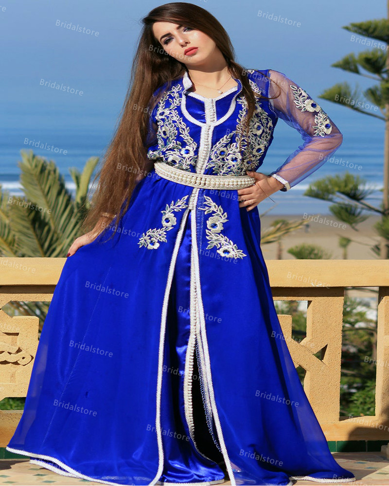 Elegant Royal Blue Crystal Kaftan Evening Dresses Long Sleeve Dubai Abaya Formal Prom Dress Vintage Lace Turkey Evening Gowns Muslim Dress