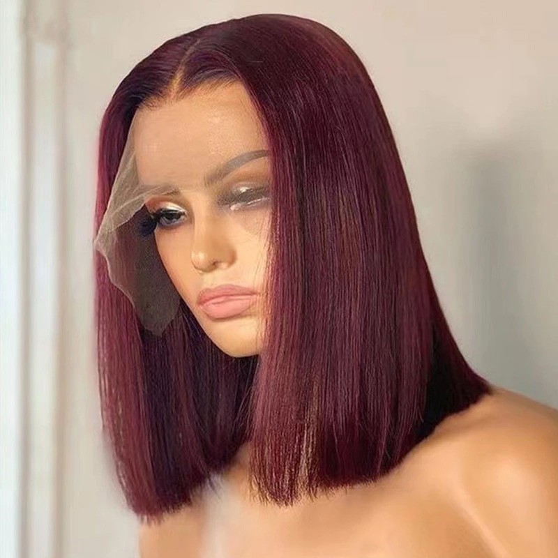 Short Bob Brazilian Lace Front Human Hair Straight Wigs For Black Women 13X1 Burgundy/Highlight Brown Color Closure With Baby Hairs