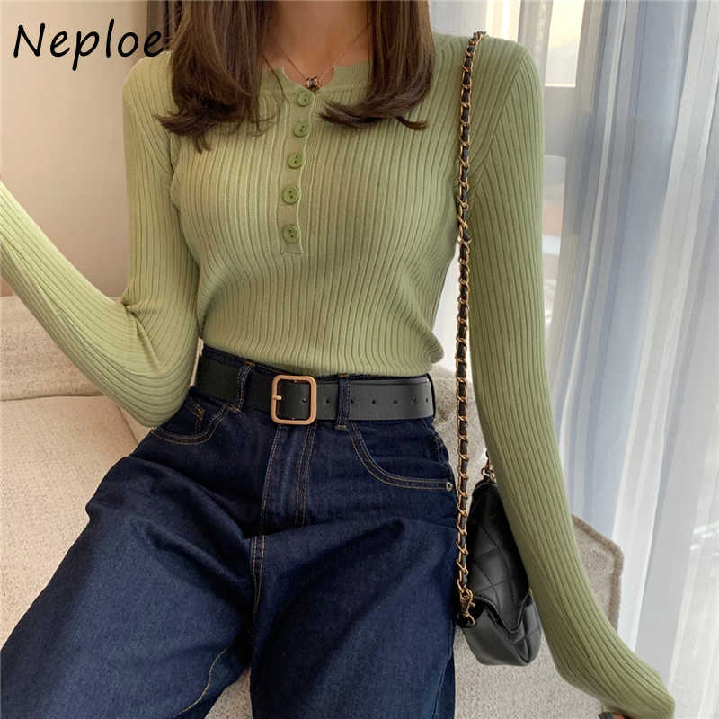 Neploe Korean Style Autumn Winter Sweater Women O Neck Long Sleeve Button Elasticity Jumper Elegant Slim Knitting Tops 210908