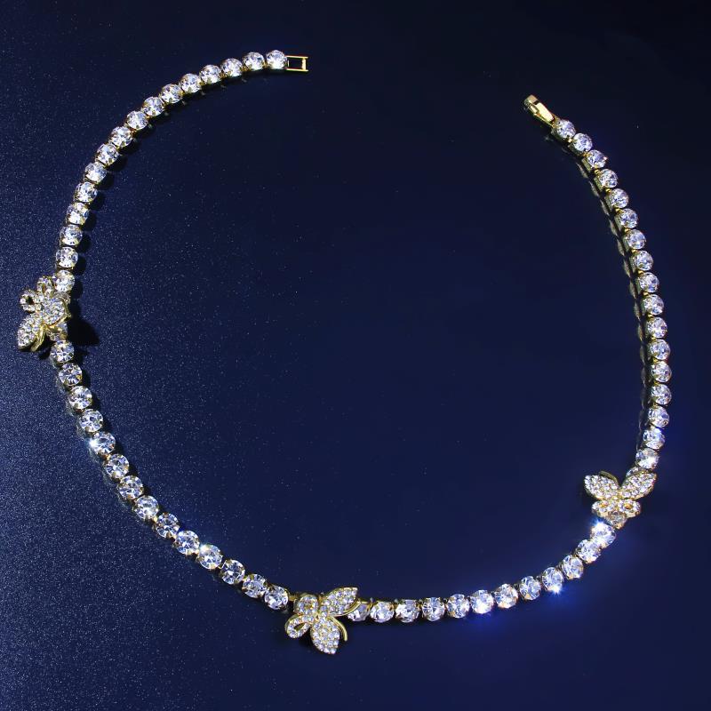 Iced Out Tennis Chains Butterfly Necklaces 6mm Bling Rhinestone Hip Hop Jewelry Silver Gold Pink Fashion Women Animal Collar Necklace Gifts
