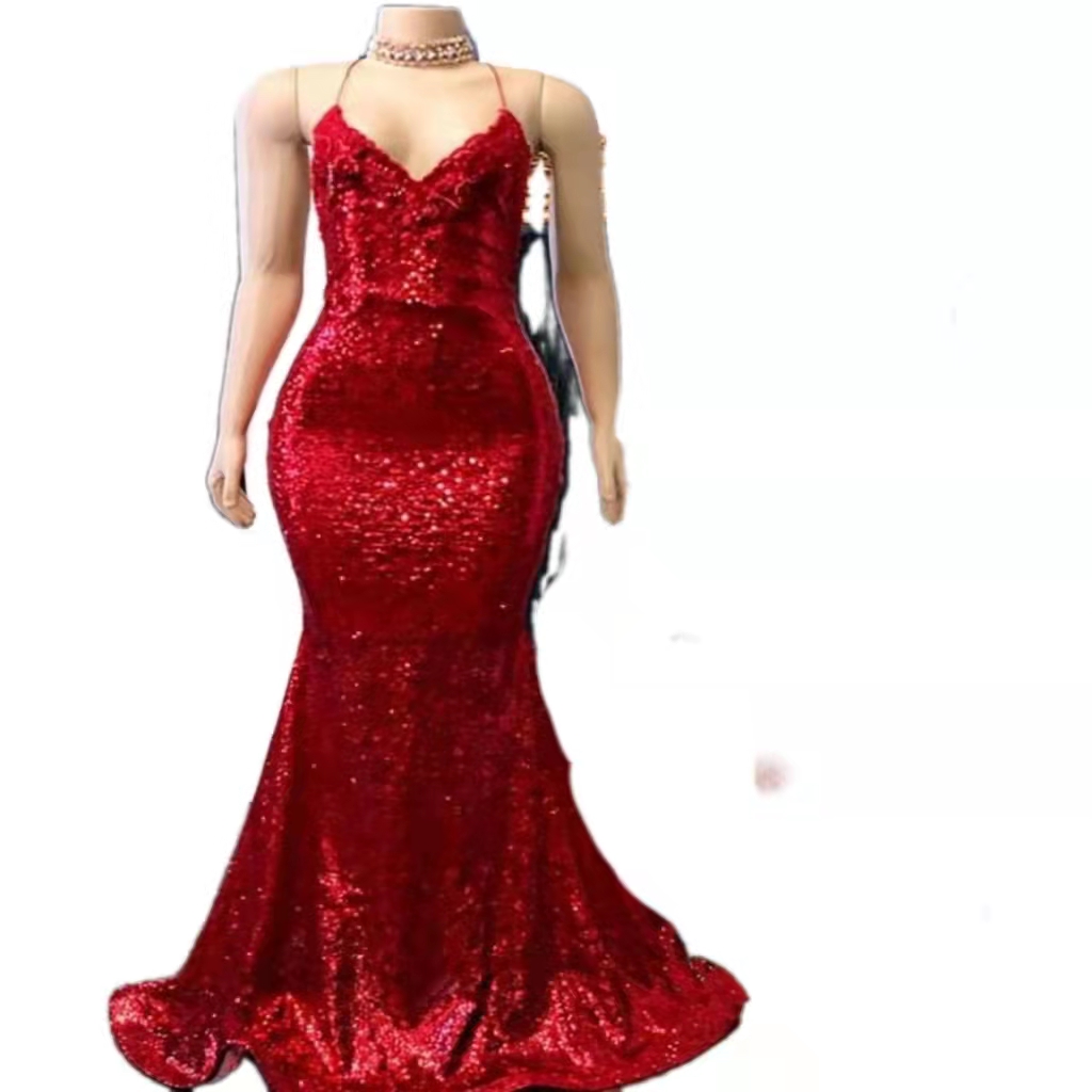 Bling Red Sequins Prom Dress Floor Length Plus Size Formal Mermaid Evening Dresses Elegant V Neck Long Party Wear Robe De Soirée Femme Special Occasio