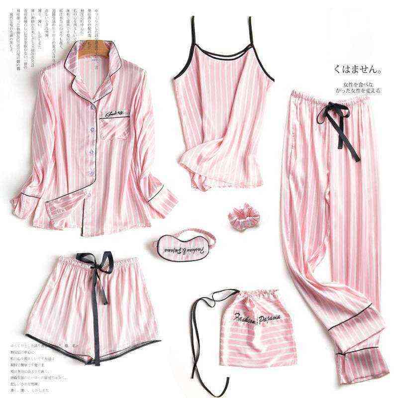 JULY'S SONG Pink 7 Pieces Women's Pajamas Sets Faux Silk Striped Pyjama Women's Pajamas Sleepwear Sets Spring Summer Homewear 211109