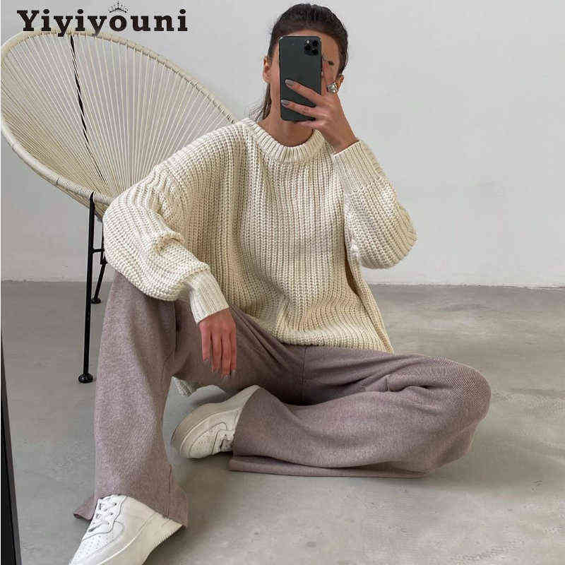 Yiyiyouni Vintage Oversized Knitted Sweater Women Elegant Thick Loose Sweater Pullovers Female Korean Fashion Solid Knitted Tops 211109