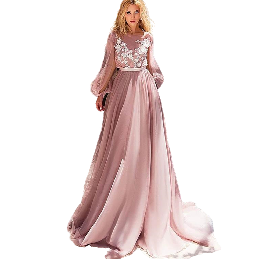 2021 Elegant Dusty Pink Evening Dresses A Line Puff Long Sleeves Split Appliques Lace Illusion Prom Party Dress Women Plus Size Tulle Formal Event Wea