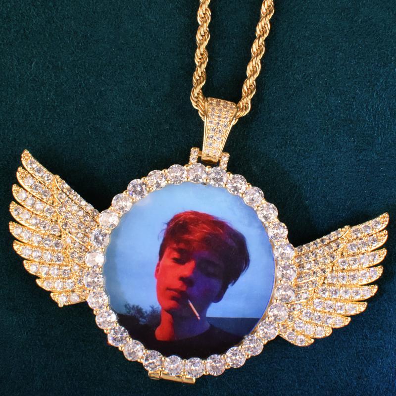 Chains Round Angel Wing Custom Po Pendant Hollow Back Make Memory Picture Hip Hop Necklace Chain For Men Women Jewelry