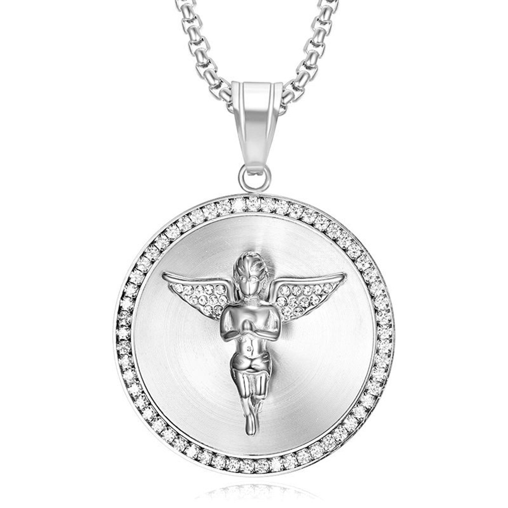 Mens Stainless Steel Angel Pendant Necklace Hip Hop White Zircon Bling 18K Gold Plated Religious Jewelry