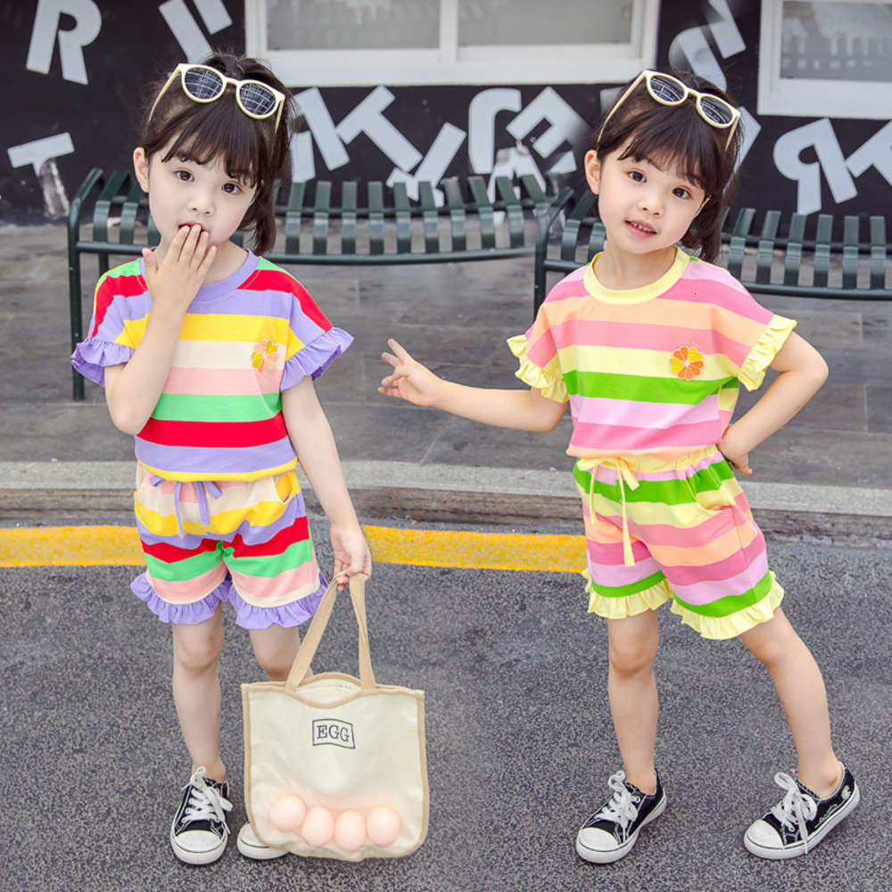 Boys and girls suits Summer girls Rainbow Stripe short sleeve suit lovely casual simple two piece, White
Boys and girls suits Summer girls Rainbow Stripe short sleeve suit lovely casual simple two piece, White