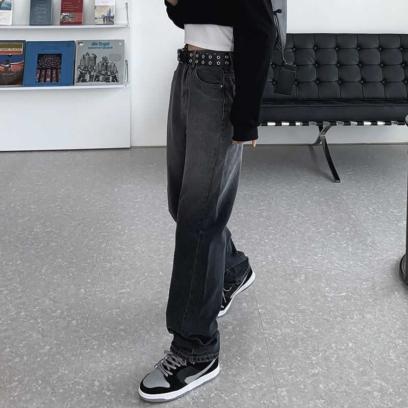 Vintage Jeans For Women Woman Long Trousers Female Loose Streetwear chic high waist Grey High Waist Boyfriend 210922