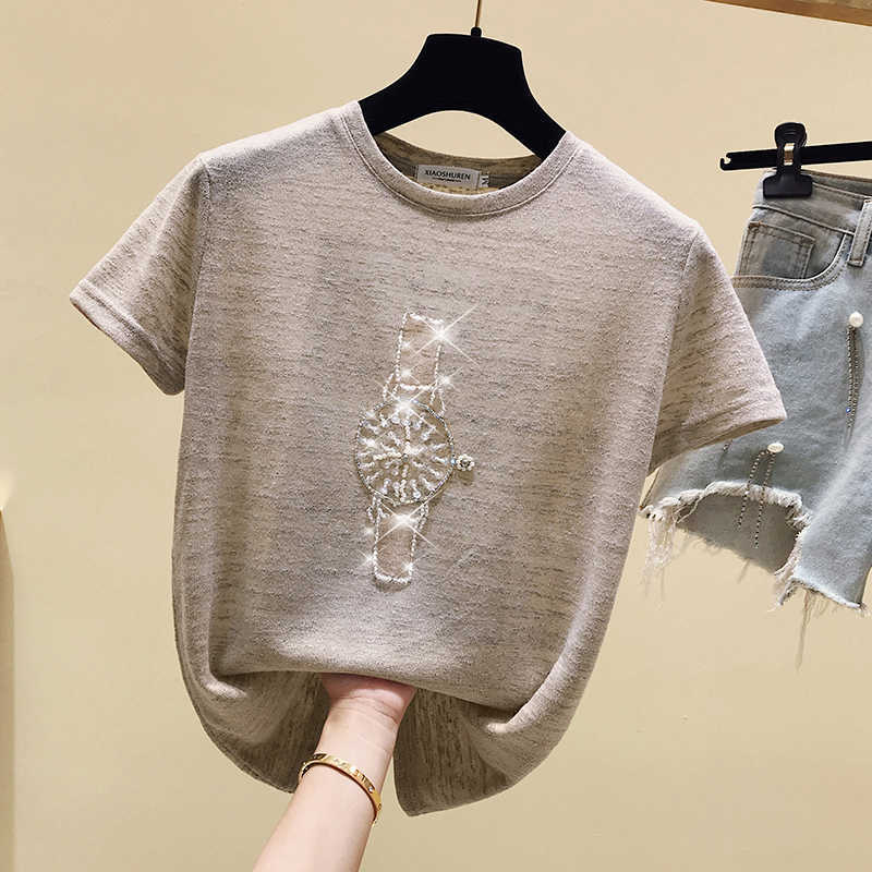 gkfnmt T Shirt Women 2021 Summer Tops Beading T-Shirt Female Short Sleeve Korean Fashion Tshirt Woman Clothes Tee Shirt Femme X0628