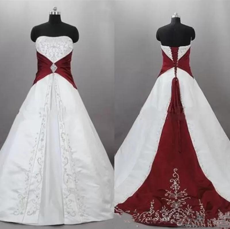 Vintage Embroidery A Line Wedding Dress Dark Red And White Bride Dresses 2022 Strapless Satin Lace Up With Trains Plus Size Long Country Bridal Gowns 