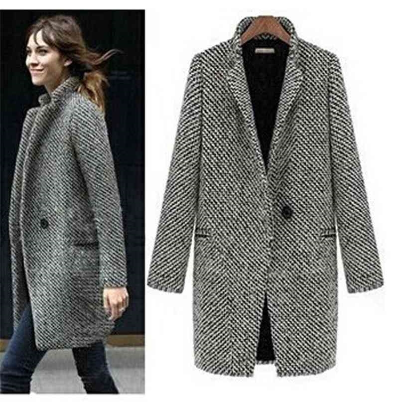 Spring Autumn Women's Houndstooth Trench Coat Elegant Outerwear for Women Turndown Collar Gray Femme Winter 210820