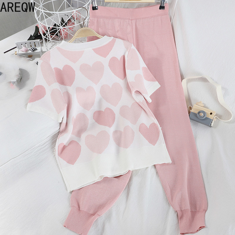 Women 2 Piece Sets Spring Summer Clothes Womens Knit Outfits Love Heart Short Sleeve T-shirt Pants 210302