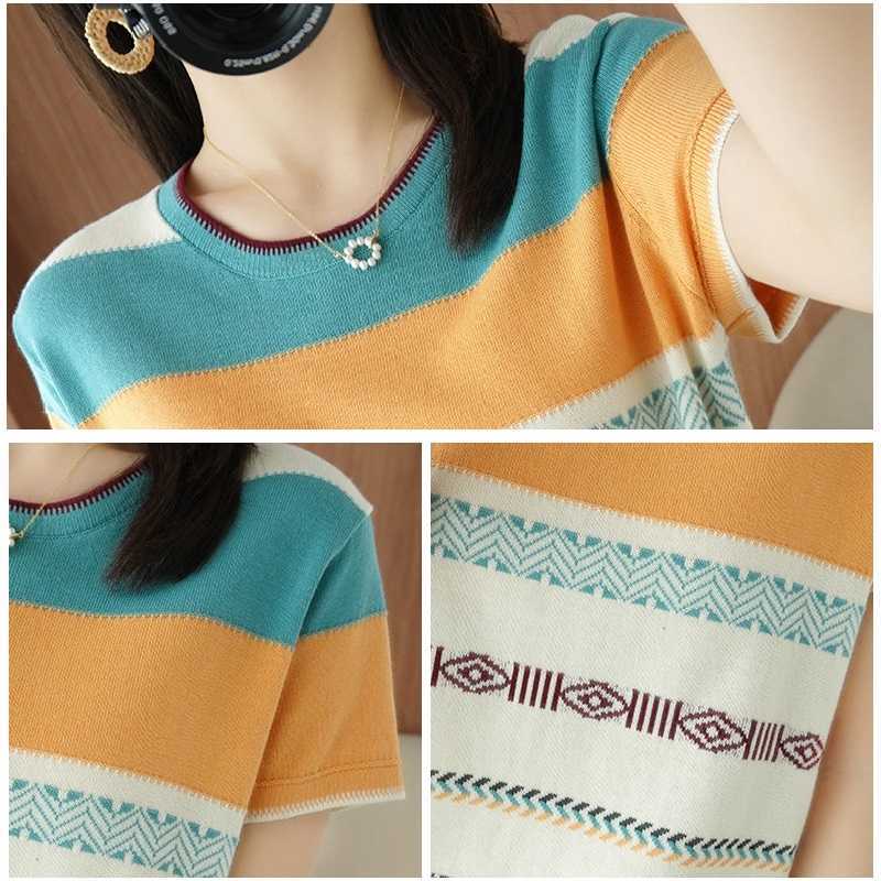 Short Sleeve Women Pullover Ladies Summer The Ice Silk O-Neck Striped Knitted Tshirts Feminine Sexy Fashion Sweaters 210918