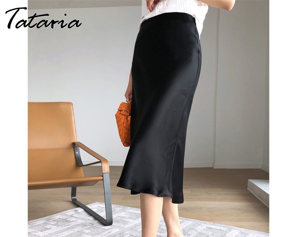 Tataria High Waisted Skirts for Women Silk Satin Skirt Women ALine Elegant Skirts Women Midi Skirt Korean Style 210306