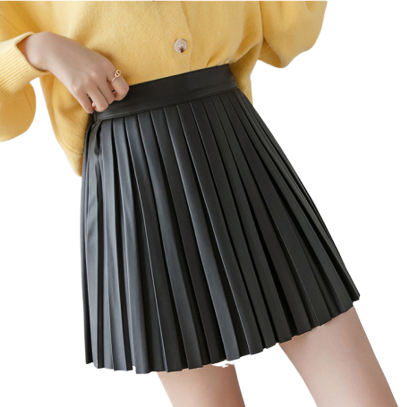 Spring Autumn Pleated Skirt High Waist PU Mini Skirt Women's Fashion Slim Waist Casual Sweet Girls Skirts Free Shipping 210309