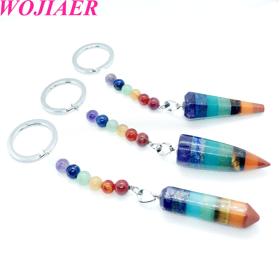 WOJIAER Assorted Natural Stone Keychain Ring Key Chain Pendulum Crystal Car Bag Accessories 7 Chakra Healing Reiki Beads BW912