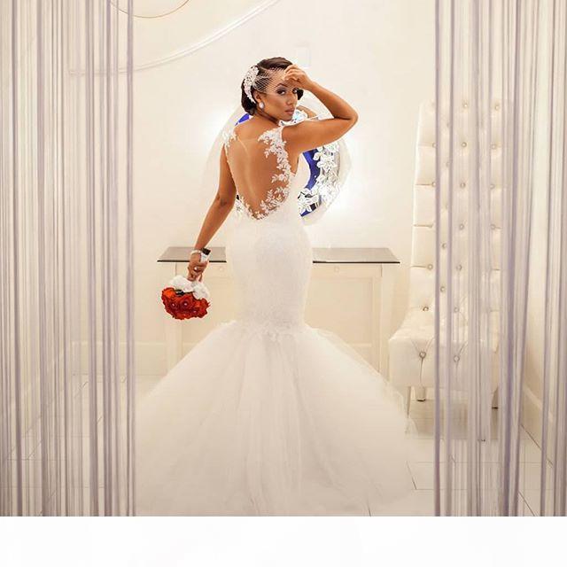 2021 Lace Applique Mermaid Wedding Dresses Sexy Illusion Back Sweep Train Spaghetti Straps Custom Made Beach Wedding Gown vestido de novia