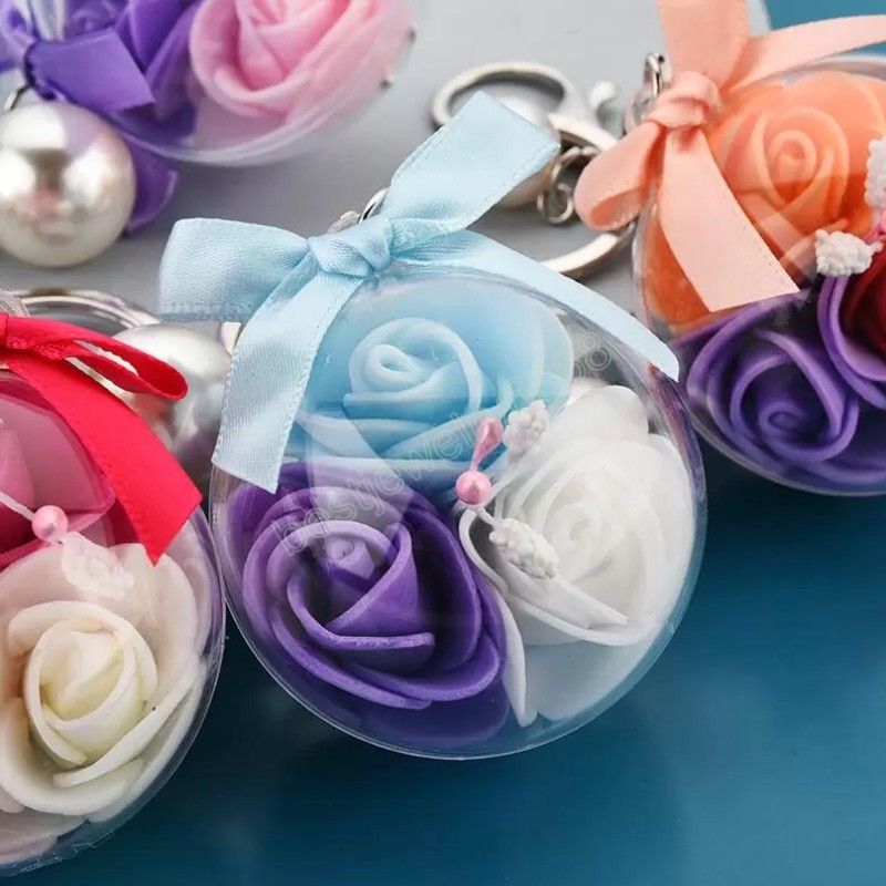 Fashion women Transparent Acrylic Ball Pendant keychains simulation rose flower Charms Pearl Lovely car bag Keychain Accessories