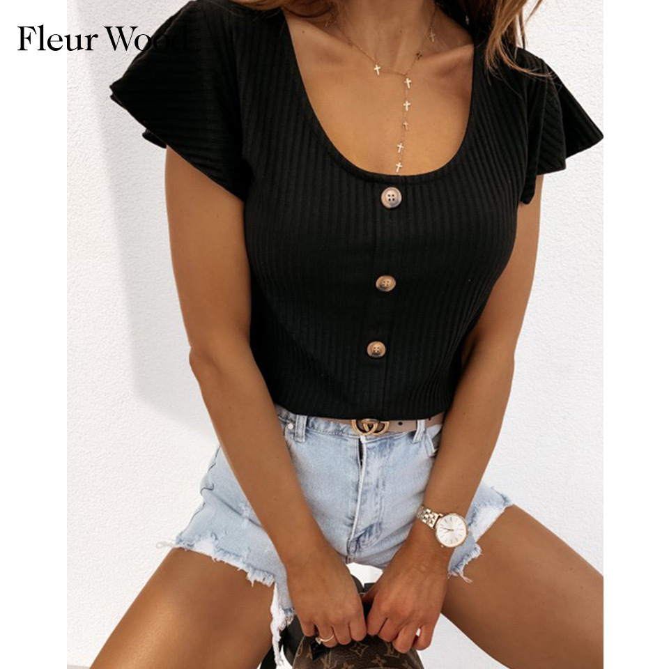Fleur Wood Women T-shirt Sexy Solid Short Sleeve Button Slim Tee Shirt Femme Summer camisetas verano mujer Plus Size Tops T200614