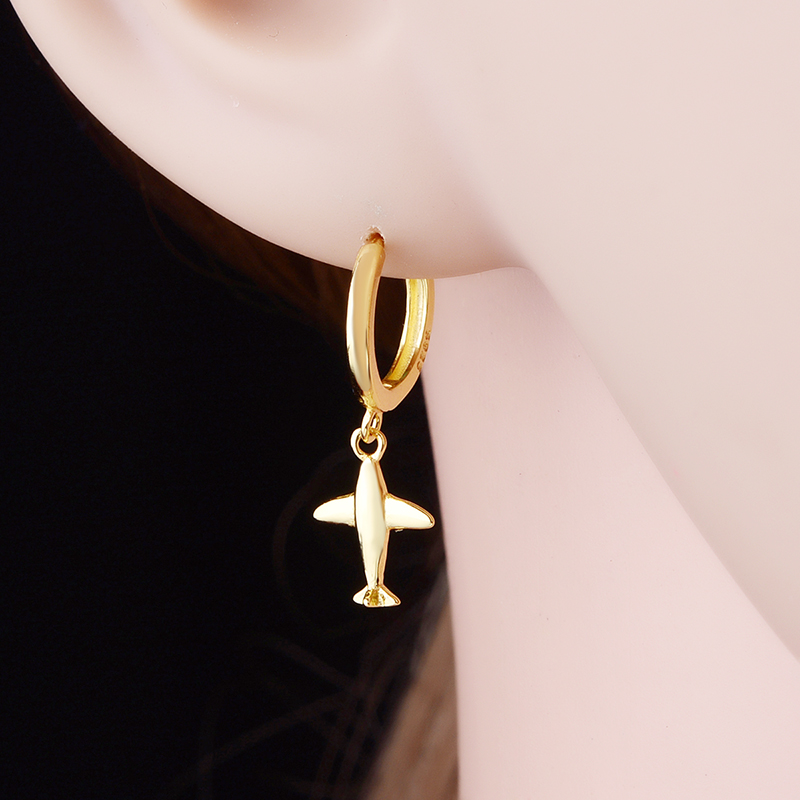 Authentic 925 Sterling Silver Gold Color Aircraft Pendant Hoop Earrings Women Girls Childlike Cute Airplane Jewelry Gift Bijoux
